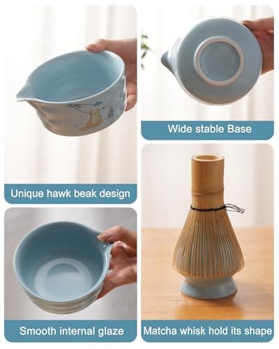 Matcha Whisk Set, Japanese Matcha Kit Set 7-Pcs with Matcha Bowl (Chawan), Matcha Whisk and Holder, Bamboo Scoop, Scoop Rest, Sifter and Tea Towel - Authentic Tea Ceremony Tools for Tea Lovers(Blue) - Thumbnail 6