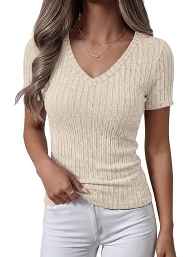 ANRABESS Womens Tops Short Sleeve V Neck Shirts Slim Fit Ribbed Knit Shirt 2026 Summer Dressy Casual Lightweight Sweaters Beige X-Small - Image 1