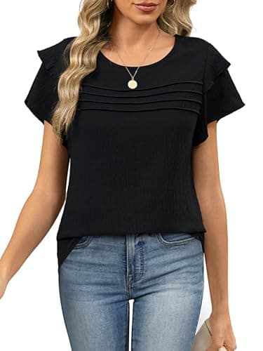 Funlingo Womens Dressy Casual Tops Summer Business Work Blouses Ruffle Short Sleeve Crew Neck Pleated Shirts Trendy Outfits 2026 Black 2XL - Image 1