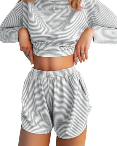 JUSTFASHIONNOW Womens Long Sleeve Pajama Sets Cute Lounge Set 2 Piece Crew Neck Striped Sleepwear Comfy Split Short Pajama Set Soft Fall Outfits Loungewear Cozy Pj sets (Light Grey, Large) - Image 1