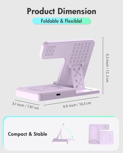 Wireless Charger Stand Charging Station: 3 in 1 Charger Multiple Devices for Apple iPhone 17 16e 16 15 14 Pro Max 13 12 11 for Watch 11 10 9 8 7 6 5 4 3 2 SE and Ultra & Airpods Series, Light Violet - Thumbnail 4