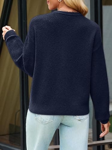 MEROKEETY Women's Long Sleeve Knit Cardigan Sweaters 2025 Fall Crewneck Button Open Front Jackets with Pockets, Navy, X-Large - Thumbnail 4