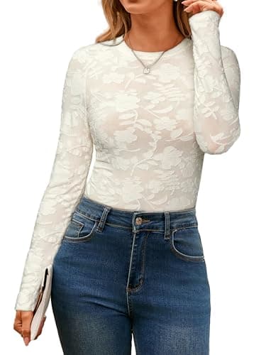 Glamaker Womens Mesh Long Sleeve Tops Lace See Through Sexy Crew Neck Eyelet Shirts Party Floral Club Dressy Blouse(Beige,X-Large) - Image 1