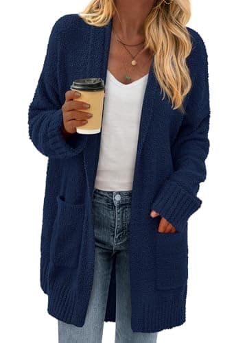 KIRUNDO Cardigan Sweaters for Women 2026 Fall Chunky Fuzzy Knit Open Front Loose Long Sleeve Sweater Coats Winter Clothing(Blue, X-Large) - Image 1