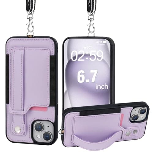 TOOVREN Wallet Case for iPhone 15 Plus Lanyard Cover with Card Holder Strap Adjustable Compatible with iPhone 15 Plus Case with Leather Stand for Women & Men 6.7 Inch Purple - Image 1