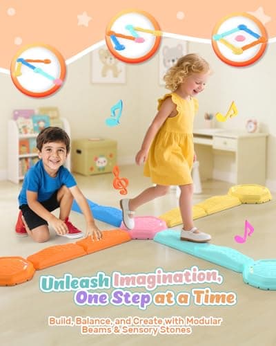 Holyton Music Light Up Balance Beam and Toddler Stepping Stones 13 Pieces, Non-Slip Plastic Balance Stackable Stepping Stones for Kids, Sensory Toys for Toddlers, Indoor or Outdoor Play, Easy Storage - Thumbnail 4