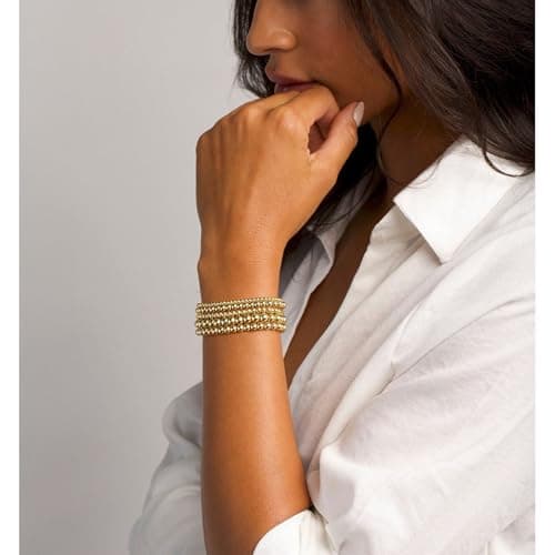 Valentines Day Gifts for Her Teen Wife Gold Beaded Bracelets for Women, 5 Pcs Dainty 14K Gold Plated Chunky Stretch Bead Ball Bracelet Stack - Thumbnail 2