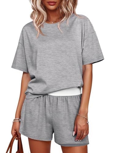 Tankaneo Womens Short Sets 2 Piece Summer Vacation Outfits Short Sleeve T-shirts Elastic Waist Shorts Matching Set, Light Grey, Large - Image 1