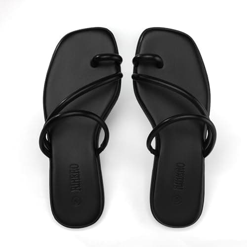 Rihero Black Slide Sandals Women Comfortable Square Toe Strappy Thong Flat Sandals Beach Dressy Slip On Flip Flops Size 8.5 - Thumbnail 5