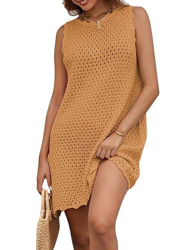 AiMgFUN Womens Swimsuit Cover Up Sleeveless Knit Swimwear Bathing Suit Coverup Crochet Beach Dress for Summer Outfits 2025 Khaki-M - Image 1