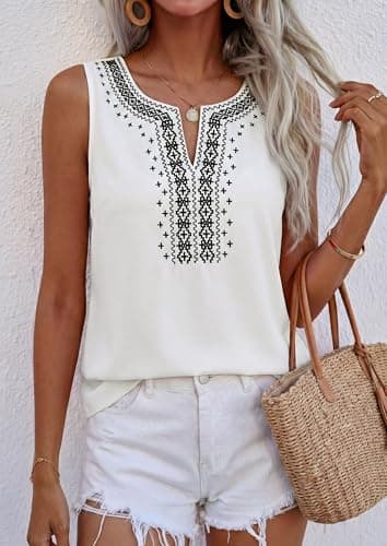 PRETTYGARDEN Womens Tank Tops 2026 Summer Causal V Neck Sleeveless Shirts Floral Print Embroidered Beach Vacation Boho Top(White,X-Large) - Thumbnail 6