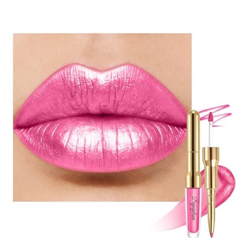 Nude Metallic Lipstick and Lip Liner Combo Makeup 2-in-1 Shimmer Glitter Lipsticks for Women, Metallic Lip Gloss Stain Waterproof Smudgeproof Mude Pink Long Lasting Lipsticks (GB22 Rose Lolita) - Image 1