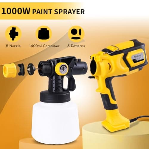 1000W Paint Sprayer with Cleaning & Blowing Joints,1400ml Cup Spray Paint Gun with Adjustable Flow Width,6 Nozzles and 3 Patterns,Yellow Paint Sprayer for House Painting,Easy to Clean - Thumbnail 2