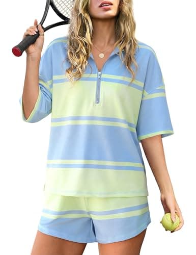 Totatuit Women's 2 Piece Striped Outfits Oversized Striped Workout Sets Lounge Set Summer Tracksuit Top and Shorts Sets - Image 1