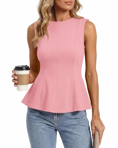 BTFBM Womens Summer Tops 2026 Business Casual Outfits Crew Neck Sleeveless Shirts Slim Fit Peplum Tank Top(Pink, Medium) - Image 1