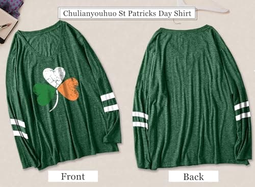 Plus Size St Patricks Day Shirt Women Funny Irish Festival Holiday Long Sleeve Tops Lucky Green Tee T-Shirt - Thumbnail 5