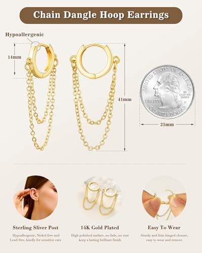 Shownee Gold Chain Earrings for Women - 14K Gold Plated Dangle Huggie Hoop Earring Fashion Jewelry Gifts for Valentines Mother's Day Christmas Birthday 1 PCS - Thumbnail 5