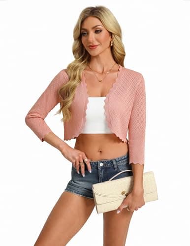 GRACE KARIN 3/4 Sleeve Cardigan for Women Lightweight Summer Sweater Open Front Knit Bolero Shrugs for Dresses(Pink,2XL) - Thumbnail 4
