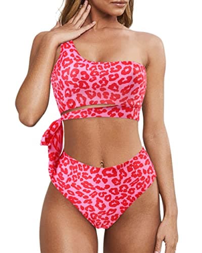 MOOSLOVER Women One Shoulder High Waisted Bikini Tie High Cut Two Piece Swimsuits(S,Pink Leopard) - Image 1