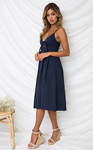 ECOWISH Women 2024 Summer Dresses Tie Front V-Neck Spaghetti Strap Button Down A-Line Backless Swing Midi Dress 572 Navy Blue L - Thumbnail 6