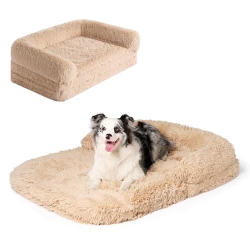 EHEYCIGA Foldable XXL Dog Bed for Large Sized Dog, 54"x38"x7.5" Faux Fur Fluffy Pet Couch Bed, Orthopedic Calming Memory Foam Big Pet Bed, Washable Pet Sofa Bed with Non-Slip Bottom, Camel - Image 1