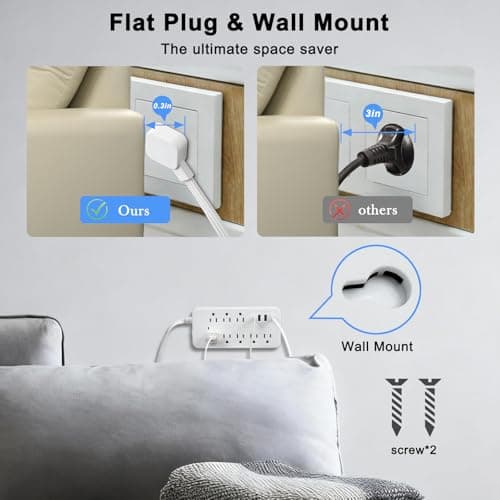 Flat Extension Cord 25 ft, Extra Long Cord Power Strip with 8 Outlets 4 USB Ports, Under Carpet, Multiple Outlets Overload Protection for Indoor, Home, Office, Dorm Room Essentials, White - Thumbnail 6