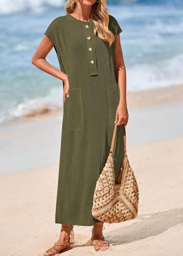 KIRUNDO Womens Summer Dresses 2026 Spring Ribbed Knit Henley Short Sleeve Maxi Dress Button Up Loose Beach Vacation Sundress(Army Green, Small) - Thumbnail 4