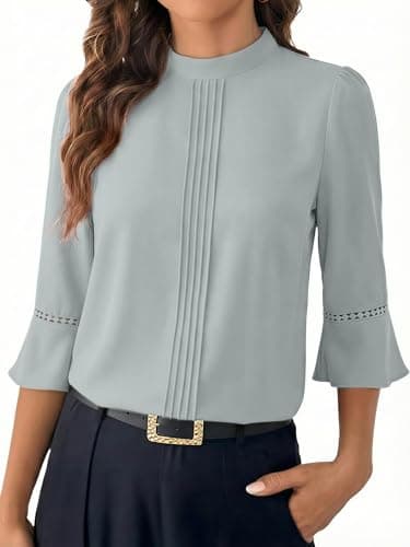 Funlingo Womens 3/4 Sleeve Length Tops Dressy Casual 2026 Spring Trendy Blouses Mock Neck Pleated Business Office Work Shirt Grey 3XL - Image 1