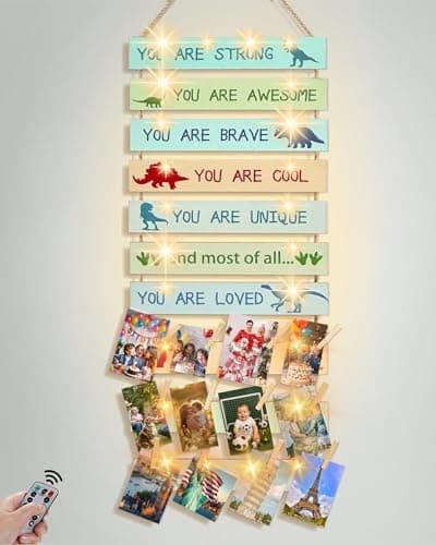 Homecor Rustic Wooden Photo Display with Lights, 12 Clip Hanging Picture Collage Wall Decor for Teen Girls Boys Bedroom, Inspirational Memo Board with String Lights for Easter Birthday Gifts - Image 1