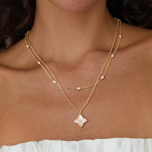 Fettero Gold Clover Necklace for Women Dainty 14K Gold Plated CZ Pendant Necklace Charm Colorful Clover Pendant Lucky Necklaces for Women Jewelry - White Mother of Pearl - Thumbnail 2