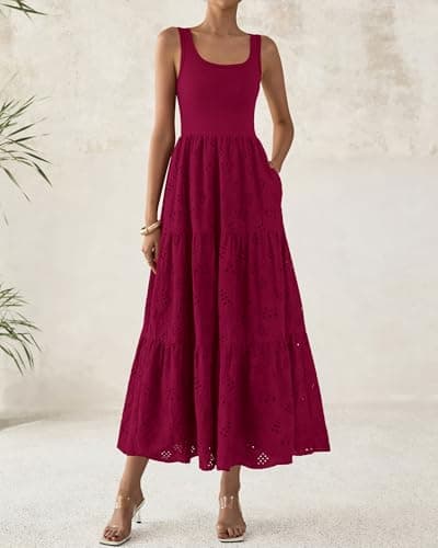 BTFBM Women Summer Eyelet Midi Dresses Casual Spring 2026 Sleeveless A Line Flowy Vacation Beach Wedding Guest Sun Dress(Dark Red, Small) - Thumbnail 3