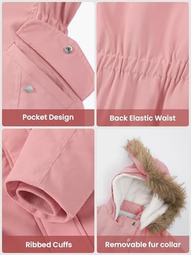XMWEALTHY Girls Long Winter Coat Warm Puffer Down Jacket Kids Parka Hooded Thicken Snow Fleece Lined Outerwear Toddler Pink 4T - Thumbnail 6