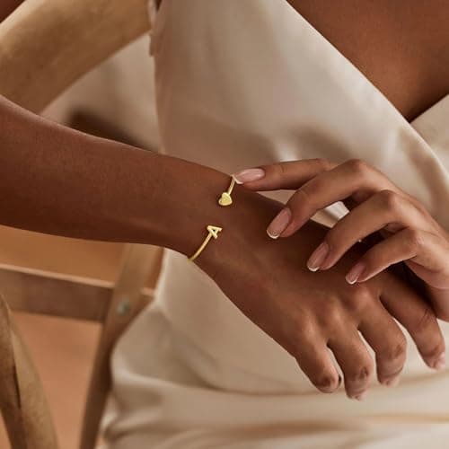 Turandoss Gold Initial Heart Bracelets for Women - Dainty 14K-Gold-Plated Letter B Heart Cuff Bangle Bracelets for Women, Gold Jewelry Birthday Gifts - Thumbnail 2