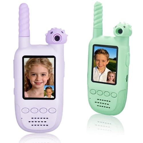 Kids Video Walkie Talkies 2 Pack, 180° Rotating Camera & Live Video Chat, Rechargeable Intercom Toys with 6 Voice Changers, Flashlight & 10 Fun Ringtones, Outdoor Toys for Boys Girls, Green & Purple - Image 1