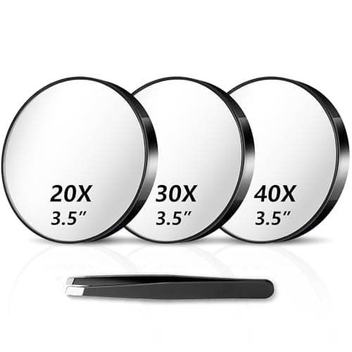 Haikopoon Magnifying Mirror 20X&30X&40X 3Packs with Tweezer and Suction Cups Set, 3.5 Inches Compact Travel Magnified Mirror-Black