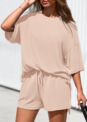 KIRUNDO 2 Piece Sets for Women Summer Lounge Sets Casual Oversized Tshirts Shorts Matching Airport Travel Outfits Postpartum(Beige, Small) - Thumbnail 4