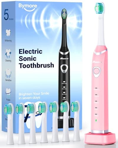 Bymore Electric Toothbrush for Adults,Travel Sonic Toothbrush with 8 Replacement Heads, Ultra Clean RechargeableToothbrush Portable One Charge for 330days 5 Modes 2mins Timer-Bright Pink - Image 1