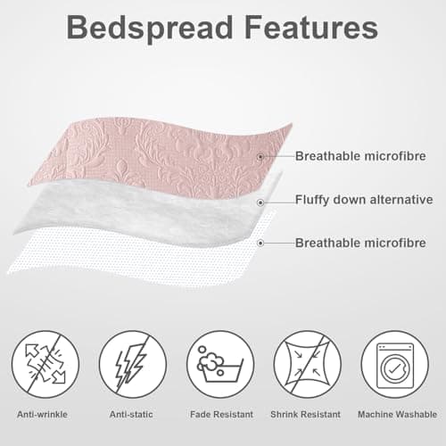 Hansleep Pink Quilt Twin Size - Damask Ultrasonic Summer Bedspread Twin, Soft Lightweight Coverlet Bedding Set, 2 Pieces (1 Quilt, 1 Pillow Shams) - Thumbnail 3