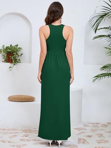 DEARCASE Sleeveless Maxi Dress for Women Dark Green Medium Wedding Guest A-line Casual Party Vintage Spring Summer Floor Length Ladies Beach Sundress Plain Vacation Long Flowy Dresses with Pockets - Thumbnail 2