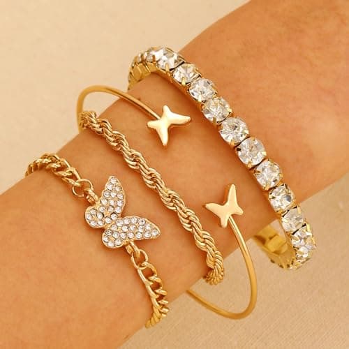 Alegend Bracelets Sets 14K Gold Crystal Encrusted, Butterfly Charm, Twisted Rope Dreamy Gift - Thumbnail 6