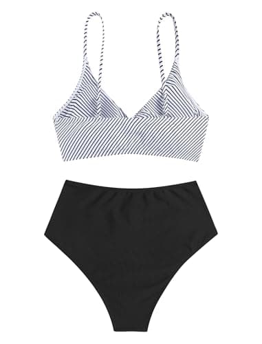 ZAFUL Women High Waisted Bikini Sets Two Piece Swimsuit Push Up Twist Front Ruched Bathing Suit Black Striped L - Thumbnail 2