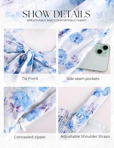 Belle Poque Summer Dresses for Women 2026 Tie Front Dress Beach Wedding Guest Dress Floral Sundress with Pockets (Blue,XL) - Thumbnail 6