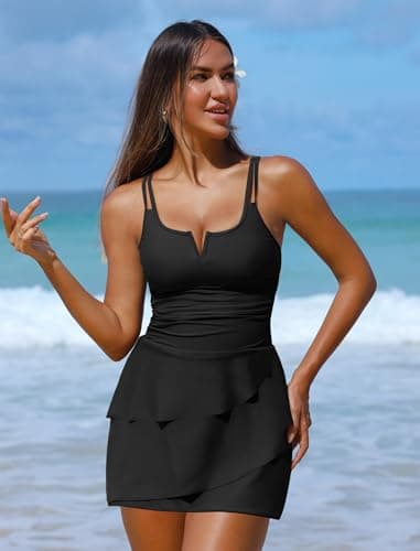 ZAFUL One Piece Swimdress for Women Tummy Control Swimsuit Modest Bathing Suit Ruffle Skirt Swimwear Black L - Thumbnail 5