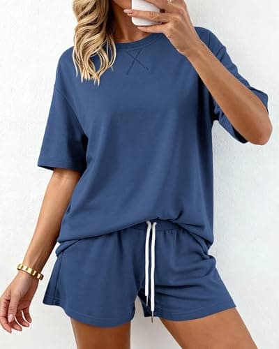 Zenlonr Women's Two Piece Lounge Sets 2026 Summer Casual Oversized Shirts Shorts Matching Airport Travel Outfit(Blue,Medium) - Thumbnail 6