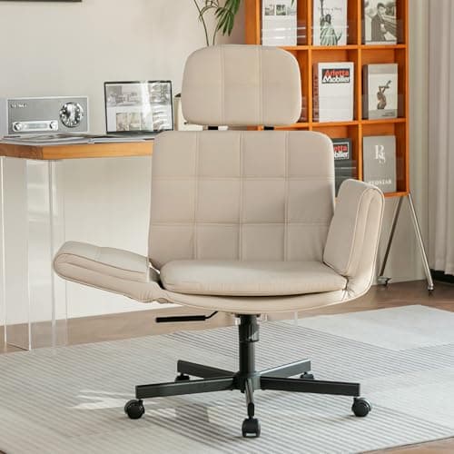 XYPFURN Criss Cross Chair with Wheels & Adjustable Armrests, High Back Faux Leather Executive Desk Chair for Home Office, Comfy Cross Legged Wide Computer Task Chair, Ivory - Image 1