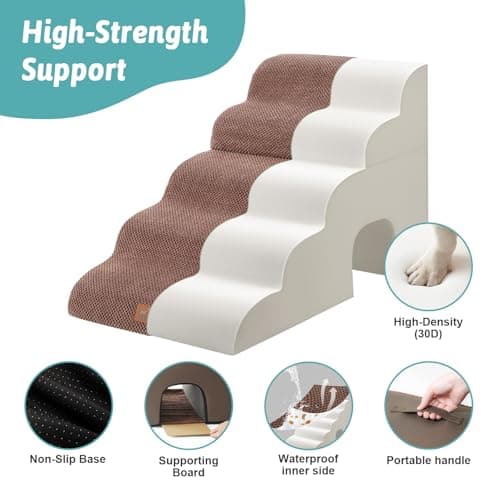 COZY KISS Wide Dog Stairs with Tunnel, Foam Detachable Large Dog Step for Small Pet, Puppy or Cats, Medium Pet Ramp for High Bed, Couch, Sofa or Car, 19.7x33x22.4 inch, 5 Step, Brown - Thumbnail 5