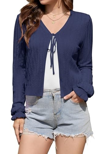 JUYUEO Womens Crochet Cropped Cardigan Bolero Tie Front Shrug Cute Long Sleeve Knit Sweater for Dresses Navy XL - Image 1