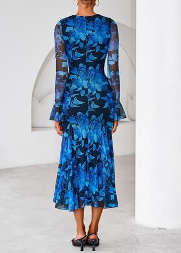 Lazysmile Women's Long Sleeve Floral Maxi Dresses Fall Formal Crewneck Bodycon Mesh Ruffle Wedding Guest Cocktail Party Dress Blue - Thumbnail 2