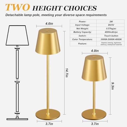 Cordless Table Lamp Rechargeable Gold - KK 2 Pack 5000mAH Battery Operated Lamp for Dining Table, 3 Color Stepless Dimming Waterproof LED Wireless Lamp for Counter, Outdoor Patio, Touch Control - Thumbnail 5