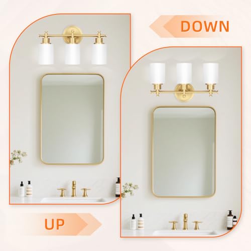 imizdlum 3-Light Gold Bathroom Vanity Light Fixtures, Brushed Gold Wall Sconce, Champagne Gold Vanity Light with Milky White Glass Shade Over Mirror, Bathroom, Bedroom, Modern Style, E26 Base - Thumbnail 6
